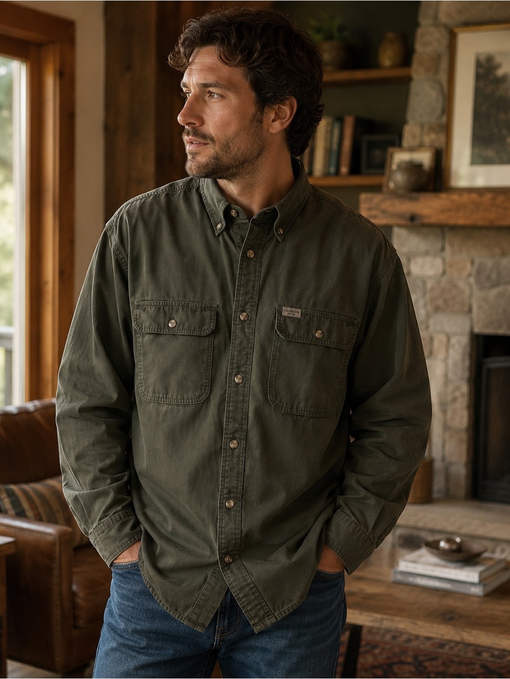 Guide Series Men’s XL Olive Green Cotton Button Front Fishing Shirt